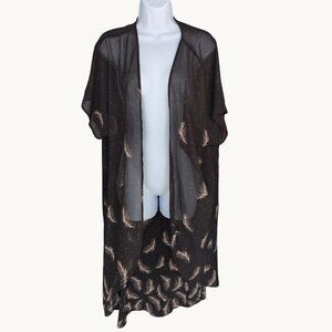 Torrid Sheer Black Gold Feather Print Kimono Duster Cardigan Plus Size 1/2